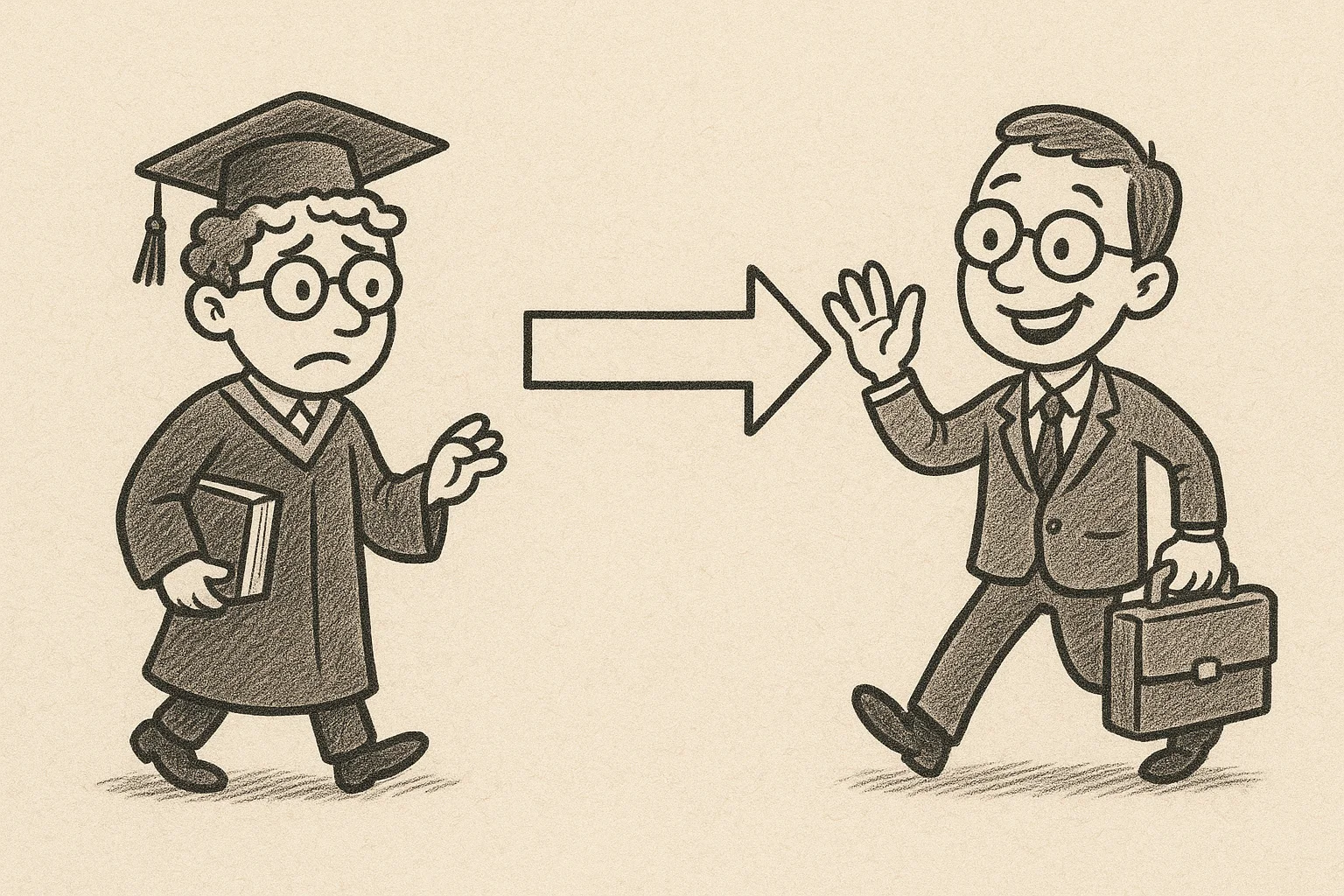 Illustration of an academic graduate stepping toward an industry professional carrying a briefcase