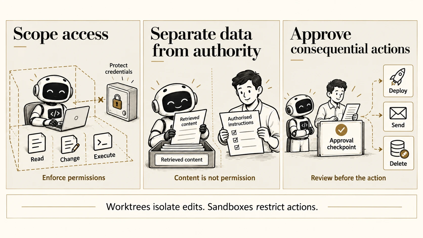 Three-panel illustration: an agent works within enforced read, change, and execute permissions while credentials are protected; retrieved content stays separate from authorised instructions; a human approval checkpoint precedes deploying, sending, and deleting. Worktrees isolate edits, while sandboxes restrict actions.