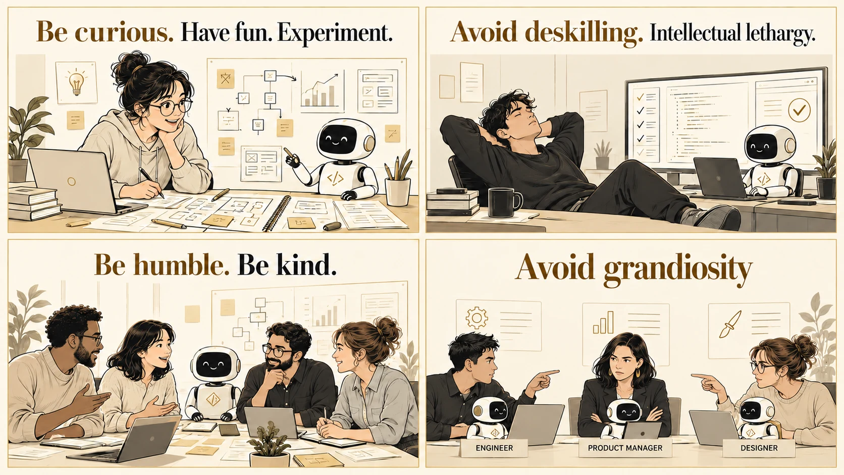 Four-panel editorial illustration: be curious, with a developer experimenting alongside a robot; avoid deskilling, with a disengaged developer leaving the robot unattended; be humble and kind, with a team listening and discussing shared notes; avoid grandiosity, with an engineer, product manager, and designer dismissing one another while pointing to their own assistants.