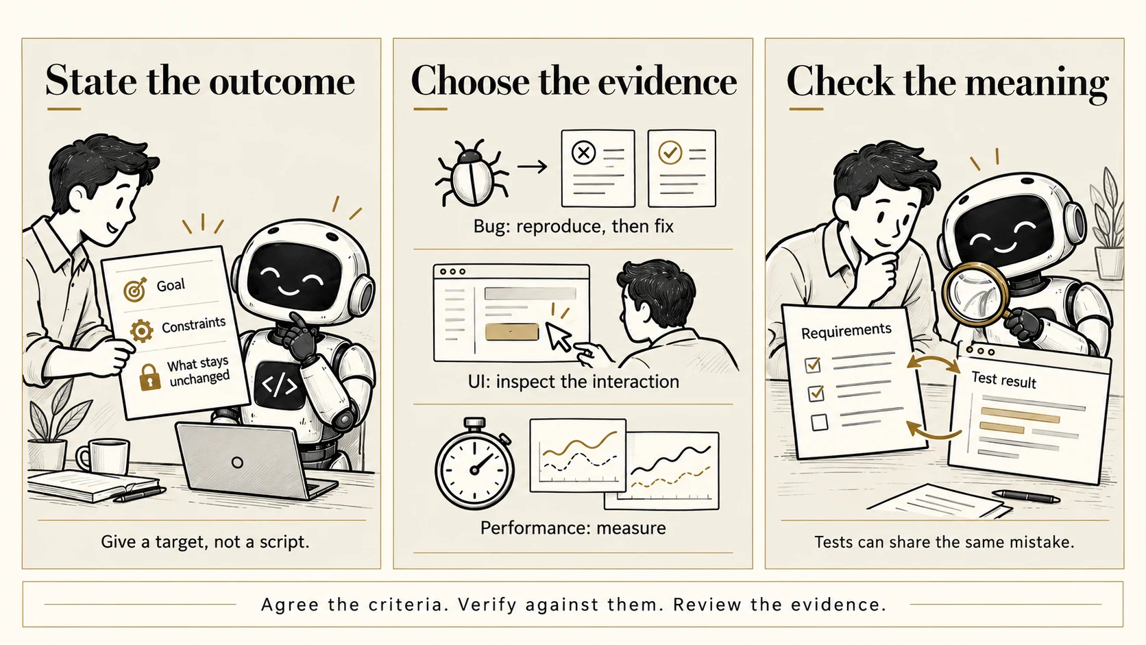 Three-panel illustration: a human gives a robot a brief containing the goal, constraints, and what stays unchanged; evidence is chosen to fit the task, reproducing and fixing a bug, inspecting a UI interaction, or measuring performance; a human and robot compare tests with requirements because both can share the same mistake. Agree the criteria, verify against them, and review the evidence.