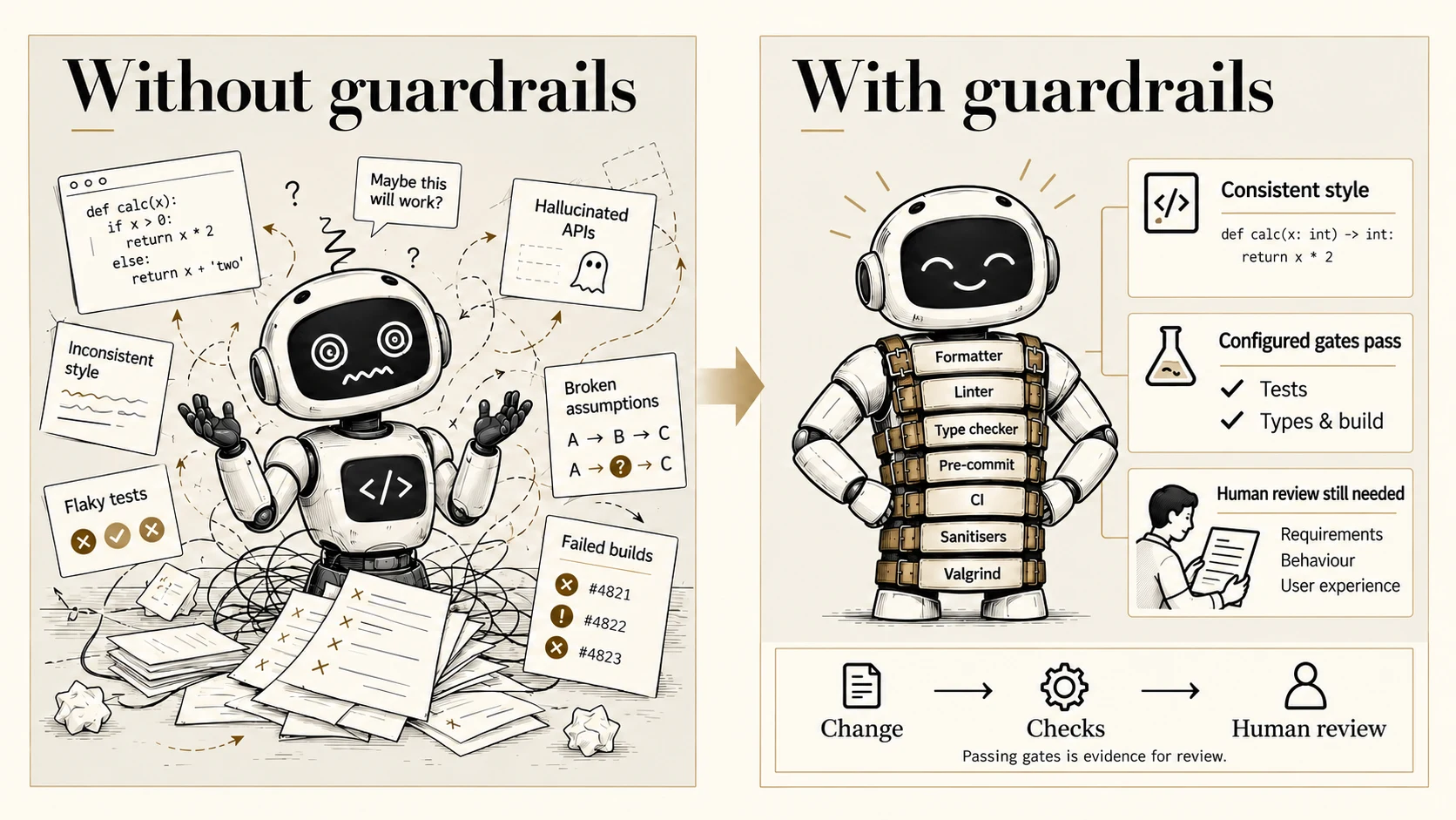 Two-panel illustration contrasting a confused robot amid inconsistent style, flaky tests, broken assumptions, hallucinated APIs, and failed builds with a calm robot in a safety harness labelled Formatter, Linter, Type checker, Pre-commit, CI, Sanitisers, and Valgrind. Output cards show consistent style and configured gates passing for tests, types, and builds. Human review is still needed to assess requirements, behaviour, and user experience. A change flows through checks to human review; passing gates is evidence for review.