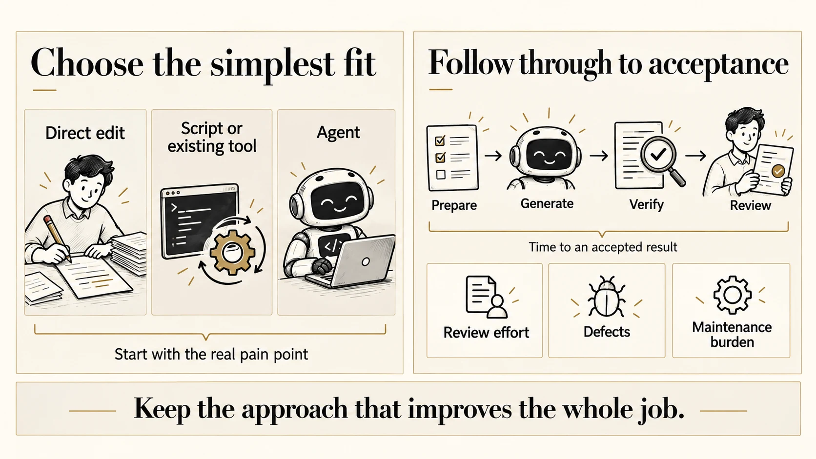 Two-panel illustration: choose among a direct human edit, a script or existing tool, and an agent, starting with a real pain point. Preparation, generation, verification, and review all contribute to time to an accepted result. Also track review effort, defects, and maintenance burden, and keep the approach that improves the whole job.