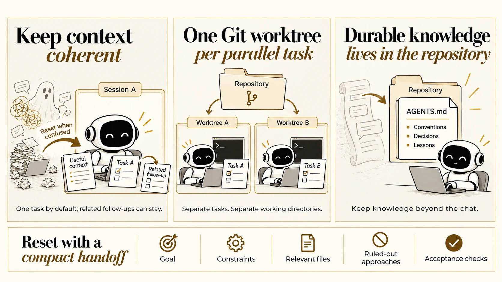 Three-panel illustration: a robot keeps useful context for task A and a related follow-up in the same coherent session, with one task as the default and a reset when confused; parallel tasks A and B run in separate Git worktrees from the same repository; durable conventions, decisions, and lessons move from chat history into AGENTS.md, which a new session consults. A compact handoff contains the goal, constraints, relevant files, ruled-out approaches, and acceptance checks.