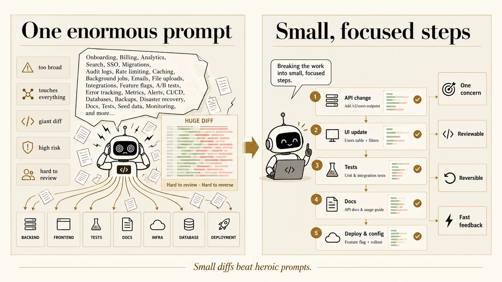 Two-panel illustration: an enormous prompt covering onboarding, billing, analytics, search, SSO, and migrations produces a large diff that is hard to review and reverse. Five small steps, API change, UI update, tests, docs, and deployment configuration, each have a small diff and commit. One concern at a time makes changes reviewable and reversible, with fast feedback. Small diffs beat heroic prompts.
