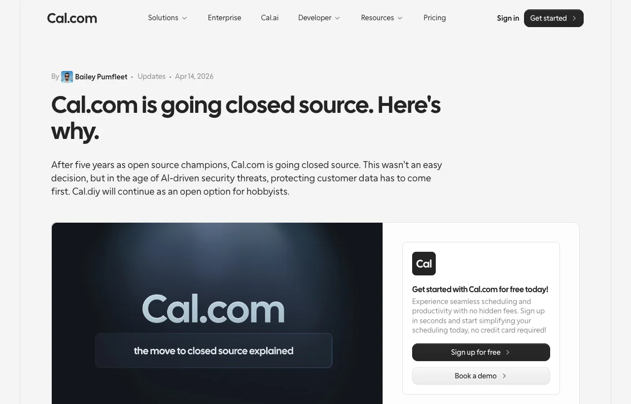 Screenshot of Cal.com blog post announcing a move to closed source