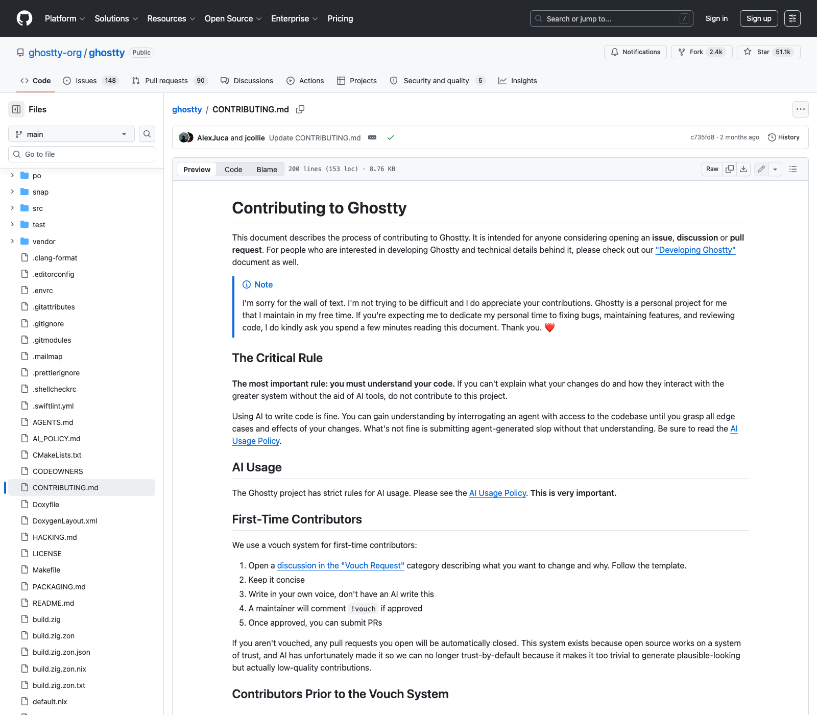 Screenshot of Ghostty's contributing guide with its vouch system