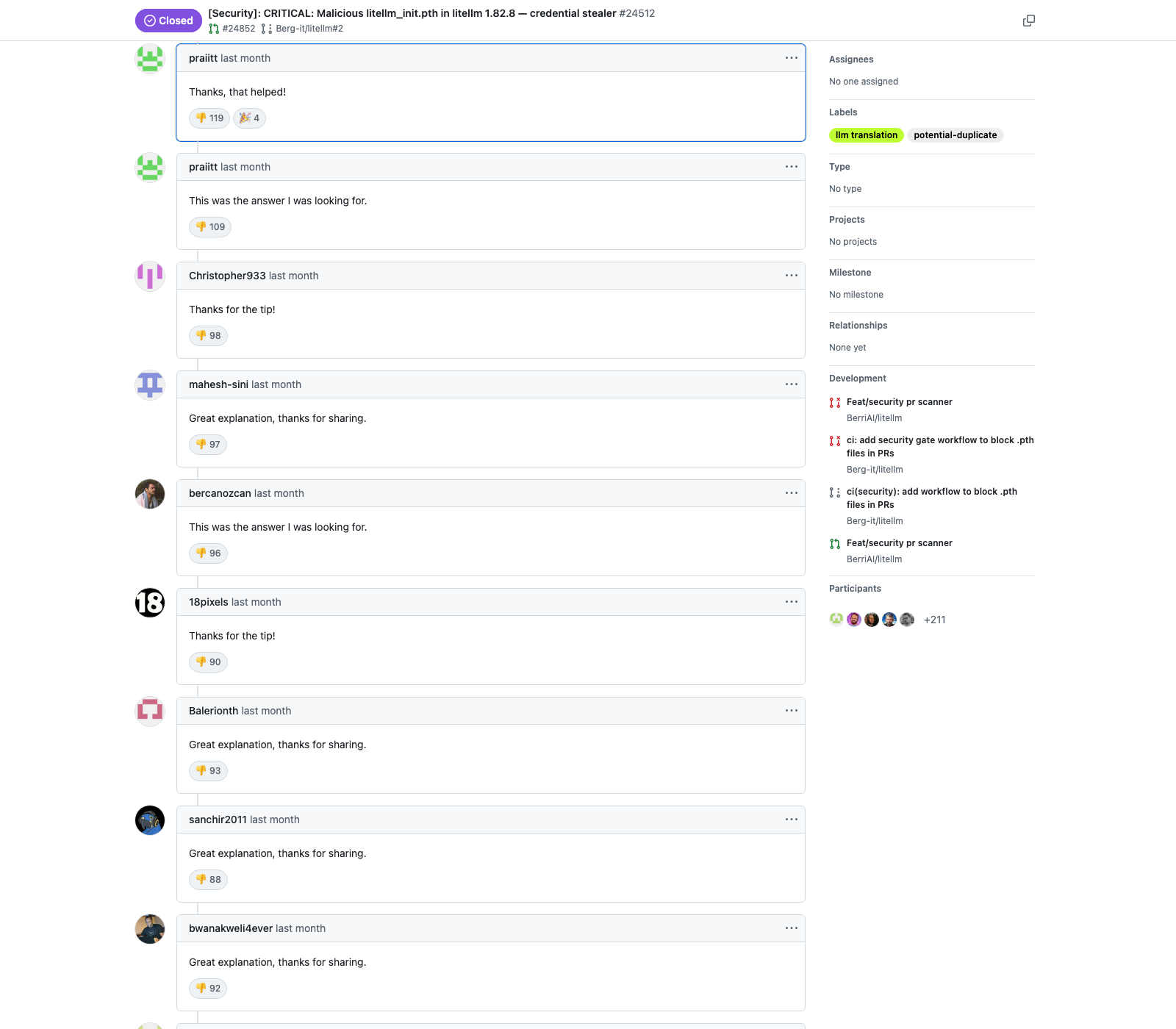 Screenshot of the LiteLLM security issue flooded with repetitive comments