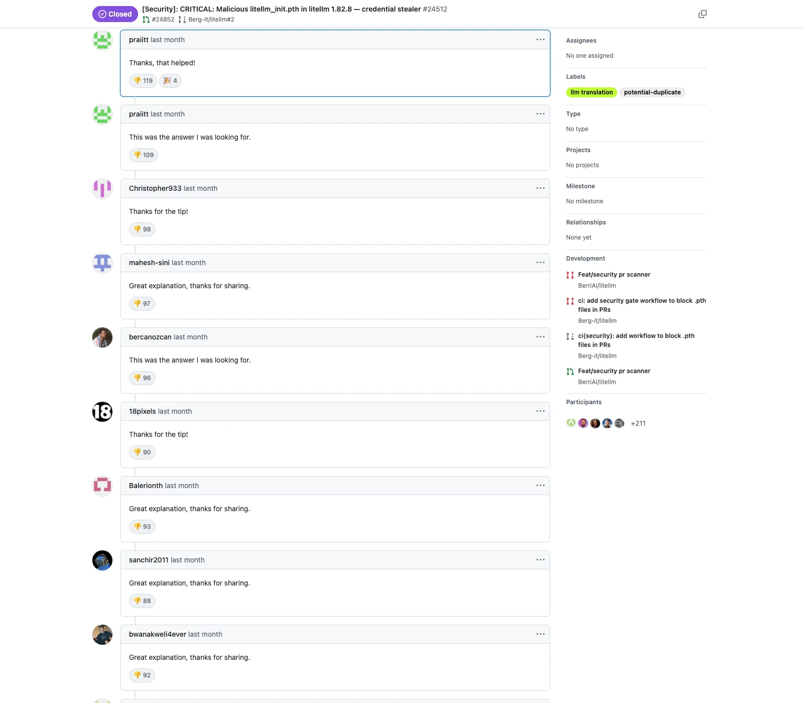 Screenshot of the LiteLLM security issue flooded with repetitive comments