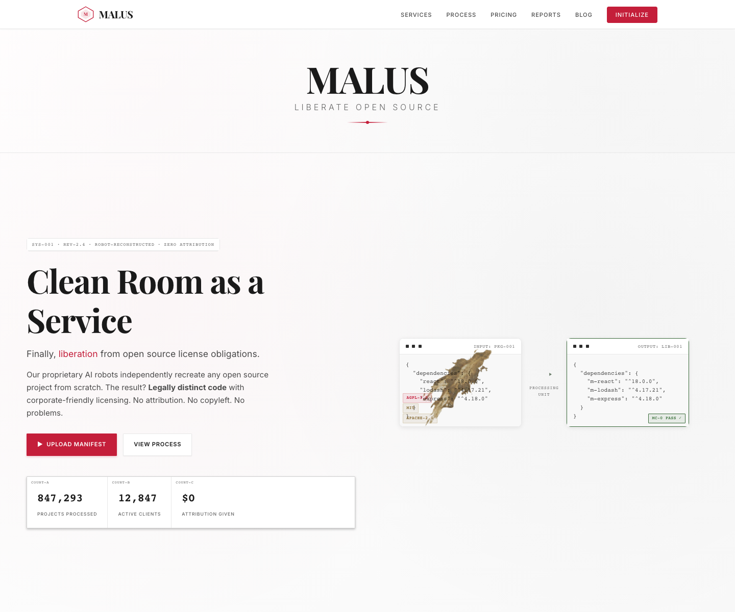 Screenshot of the satirical MALUS website warning about AI clean-room recreation to avoid open-source obligations