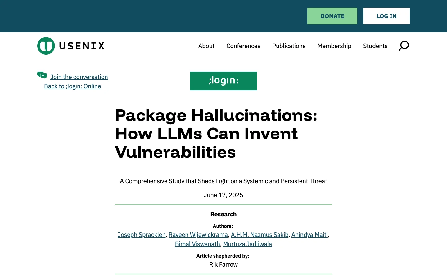 Screenshot of the USENIX article about comprehensive analysis of package hallucinations in code-generating LLMs