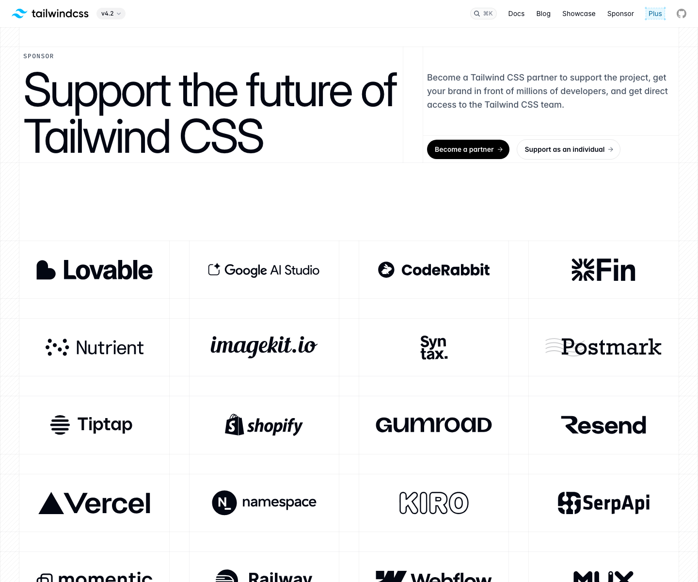 Screenshot of Tailwind CSS sponsorship page asking companies to support the future of Tailwind CSS
