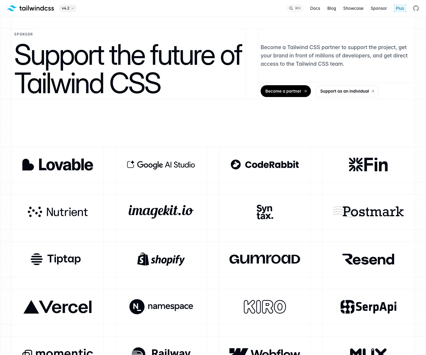 Screenshot of Tailwind CSS sponsorship page asking companies to support the future of Tailwind CSS