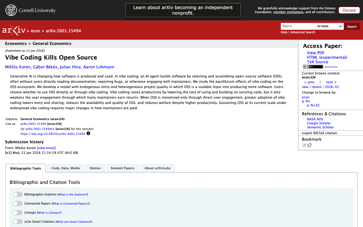 Screenshot of the arXiv paper Vibe Coding Kills Open Source