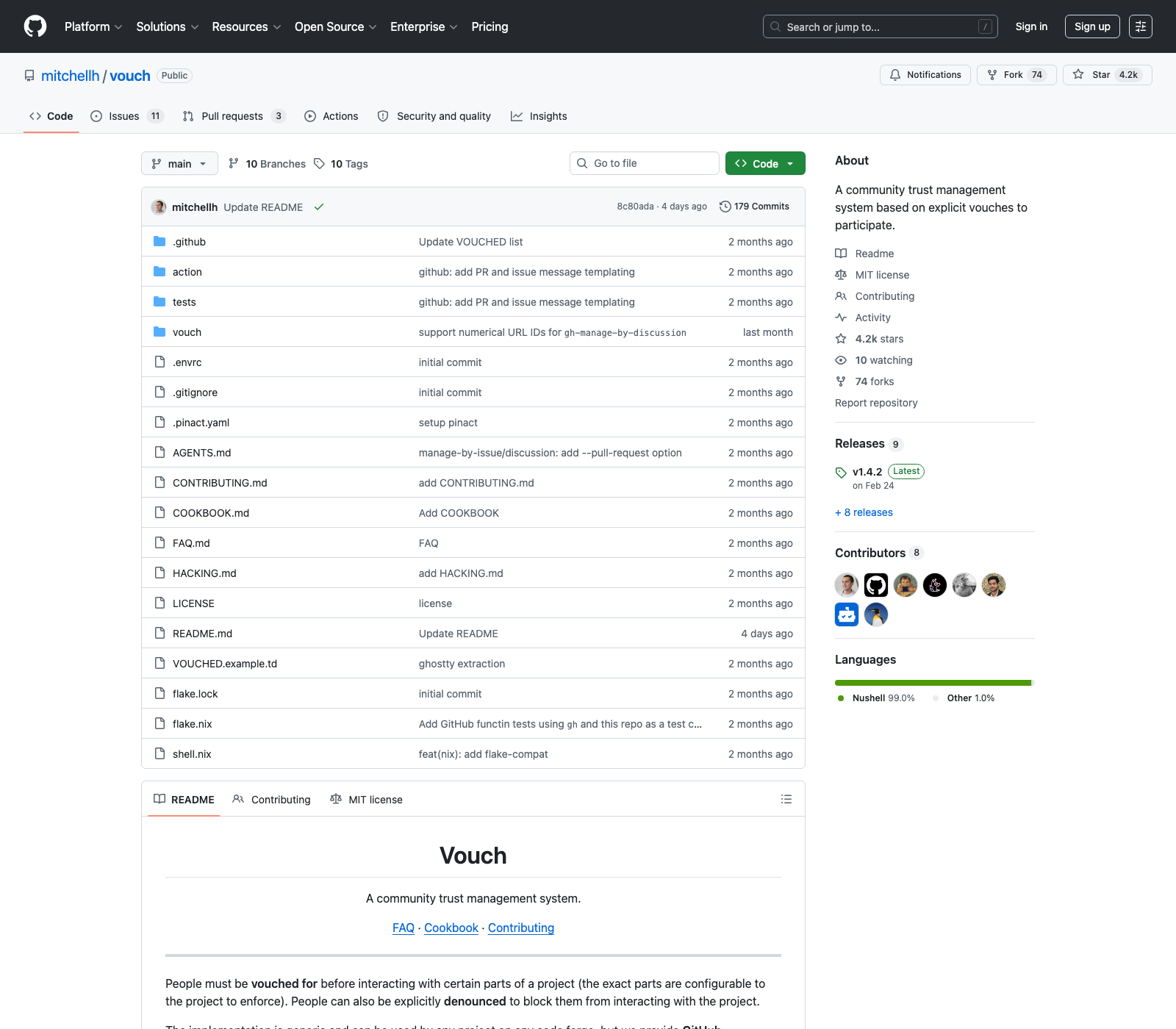 Screenshot of Mitchell Hashimoto's Vouch repository