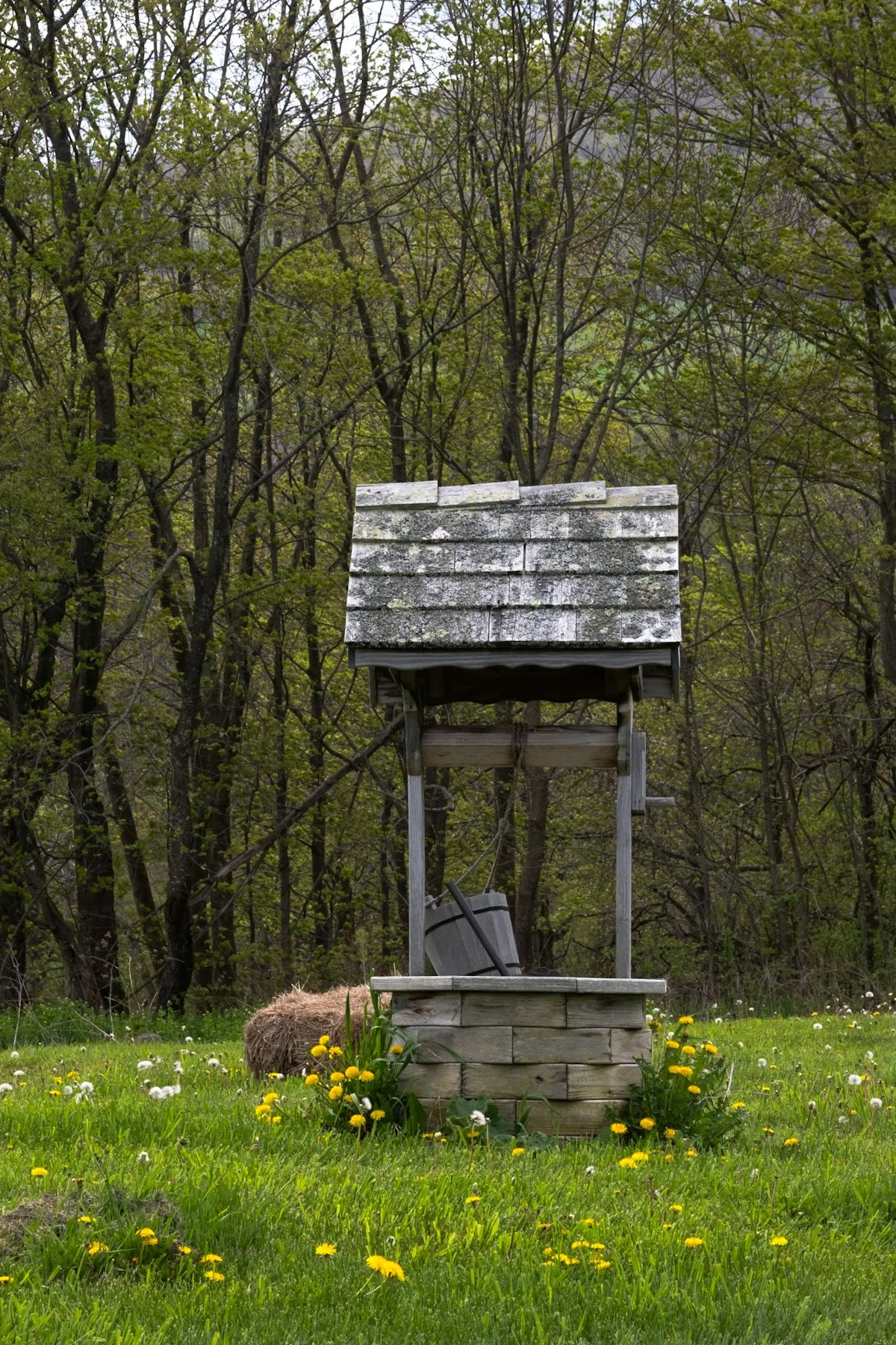 An old water well in a grassy field