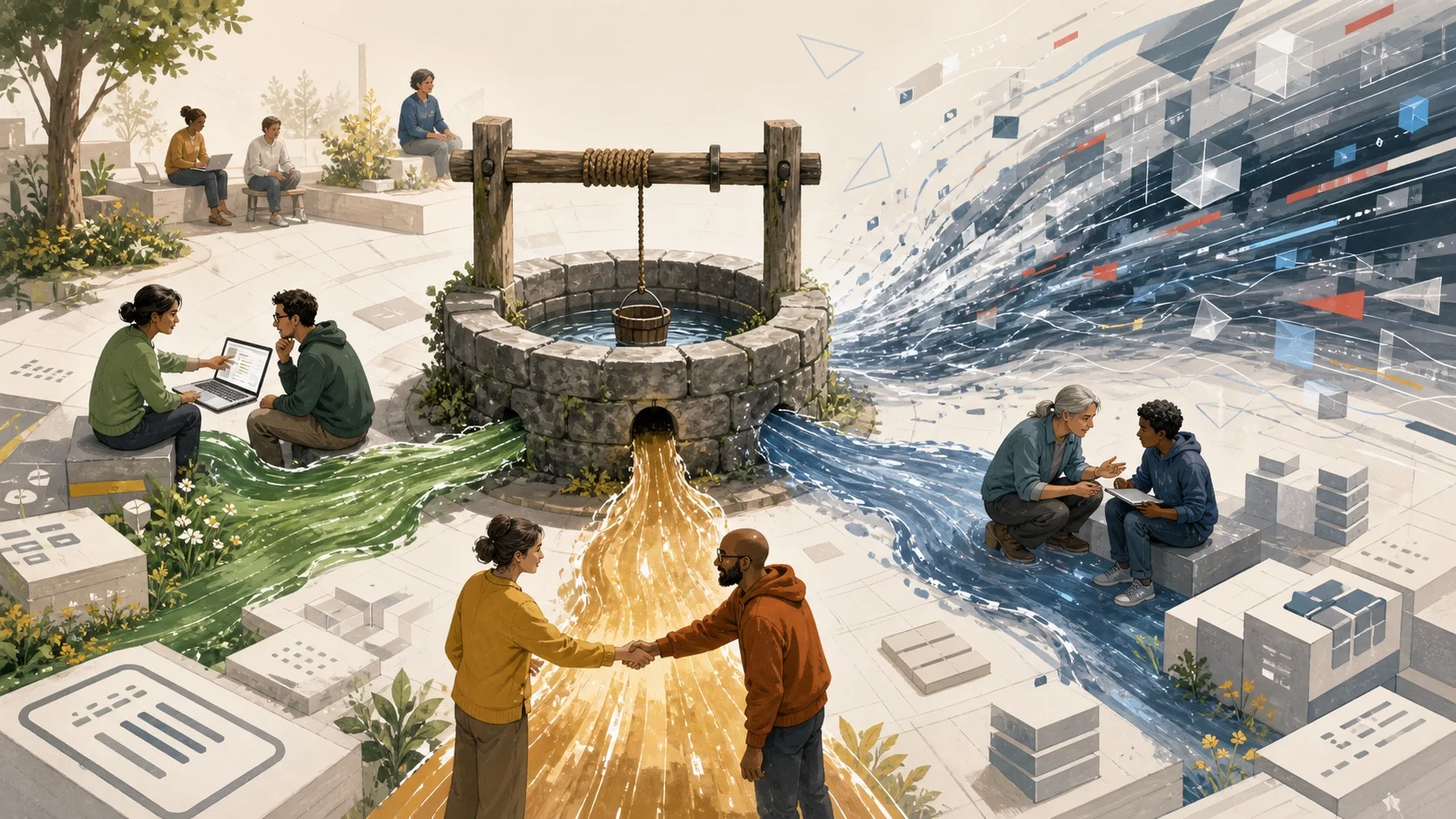Generated illustration of an open-source commons as a stone well fed by review labour, trust, and reciprocity, with a synthetic digital current disturbing the system