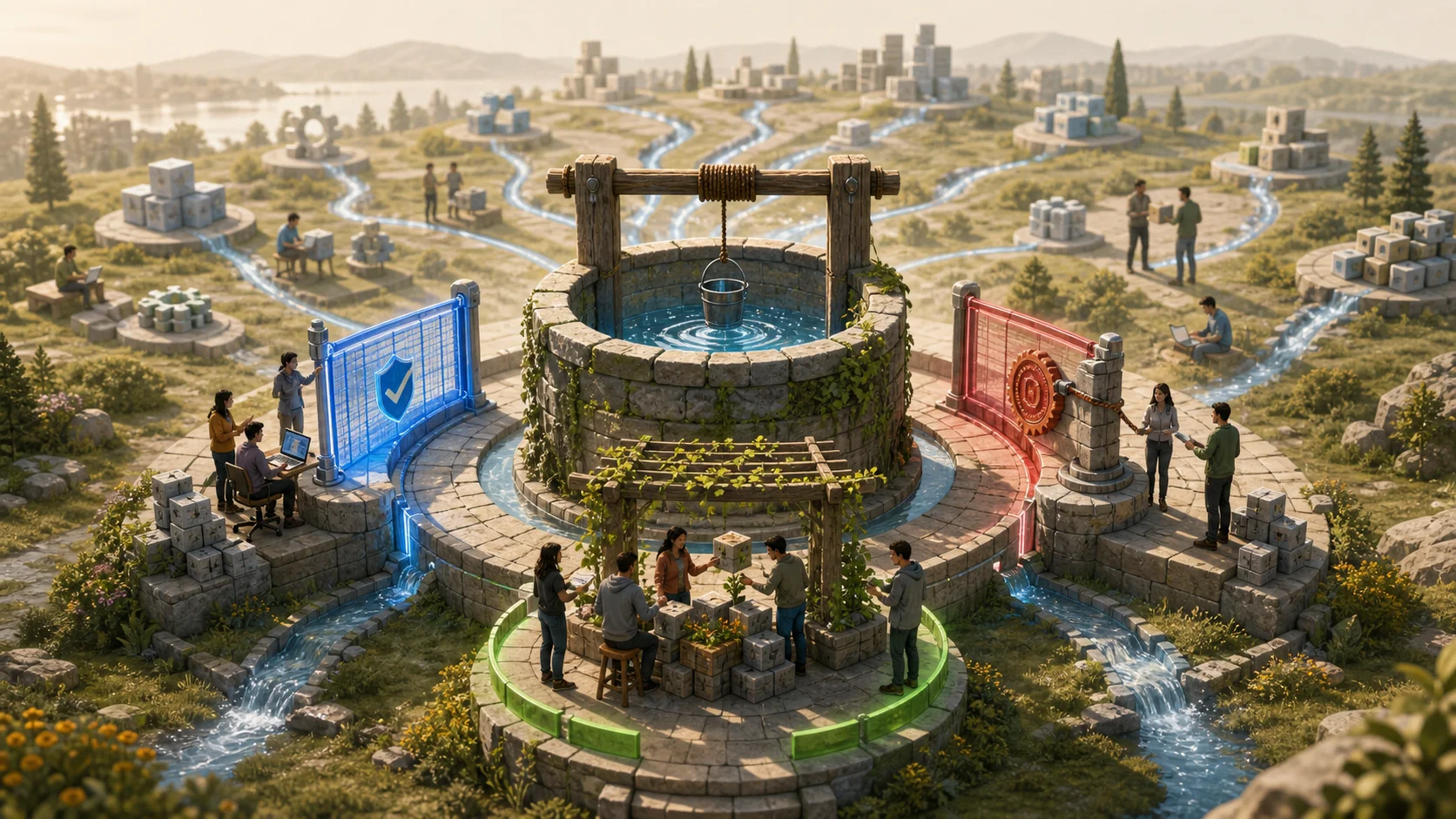 Generated editorial illustration of a protected stone FOSS well with three guardrail systems for review time, provenance, and commons stewardship