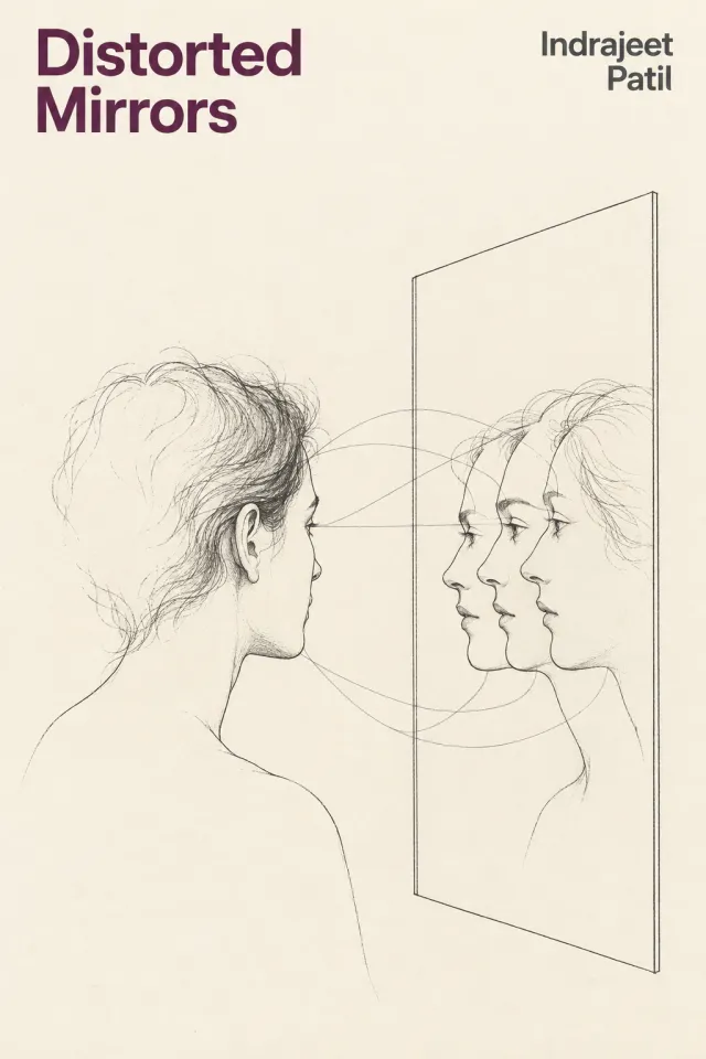 Distorted Mirrors by Indrajeet Patil: a woman faces three misaligned reflections in a mirror.