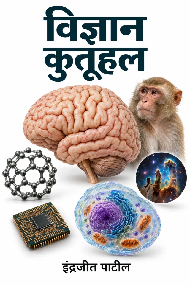 विज्ञान कुतूहल by इंद्रजीत पाटील: a brain, macaque, molecule, microchip, cell, and nebula on a white background.