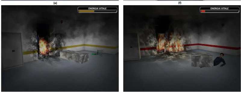 Virtual reality fire rescue scenario: smoke-filled corridors and a trapped avatar in a burning building