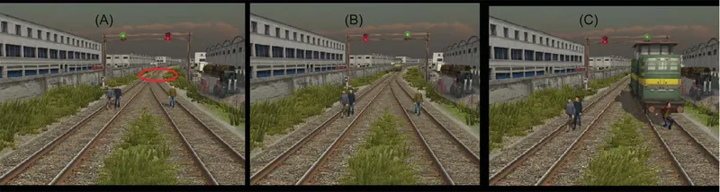Virtual reality trolley dilemma: a train approaches people on the tracks while the participant decides whether to divert it