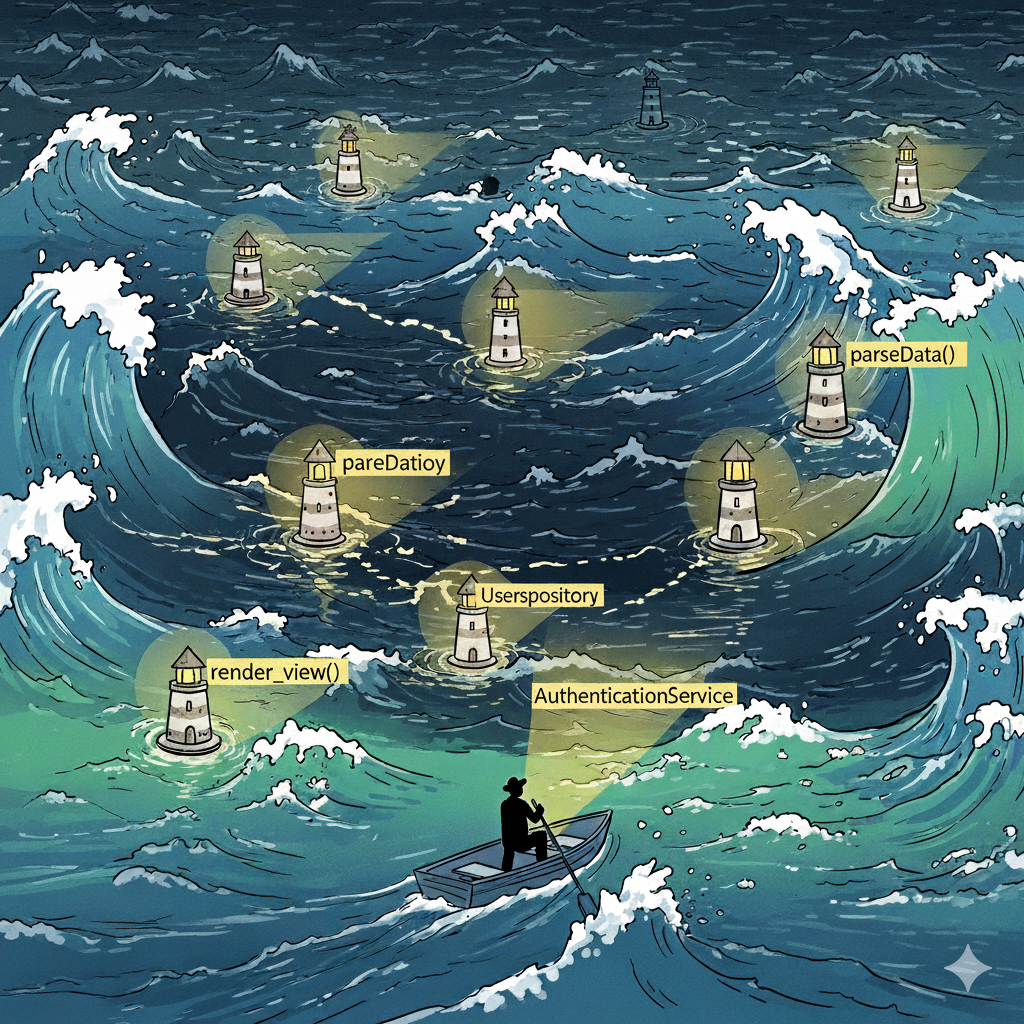 A person navigating through an ocean of code, symbolizing the challenge of understanding codebases