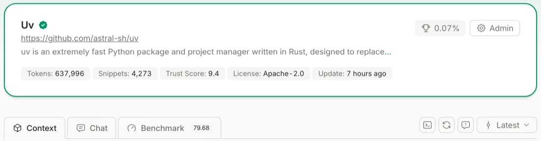 Context7 page for uv showing 637,996 tokens, 4,273 snippets, trust score 9.4, Apache-2.0 licence, and a benchmark score of 79.68