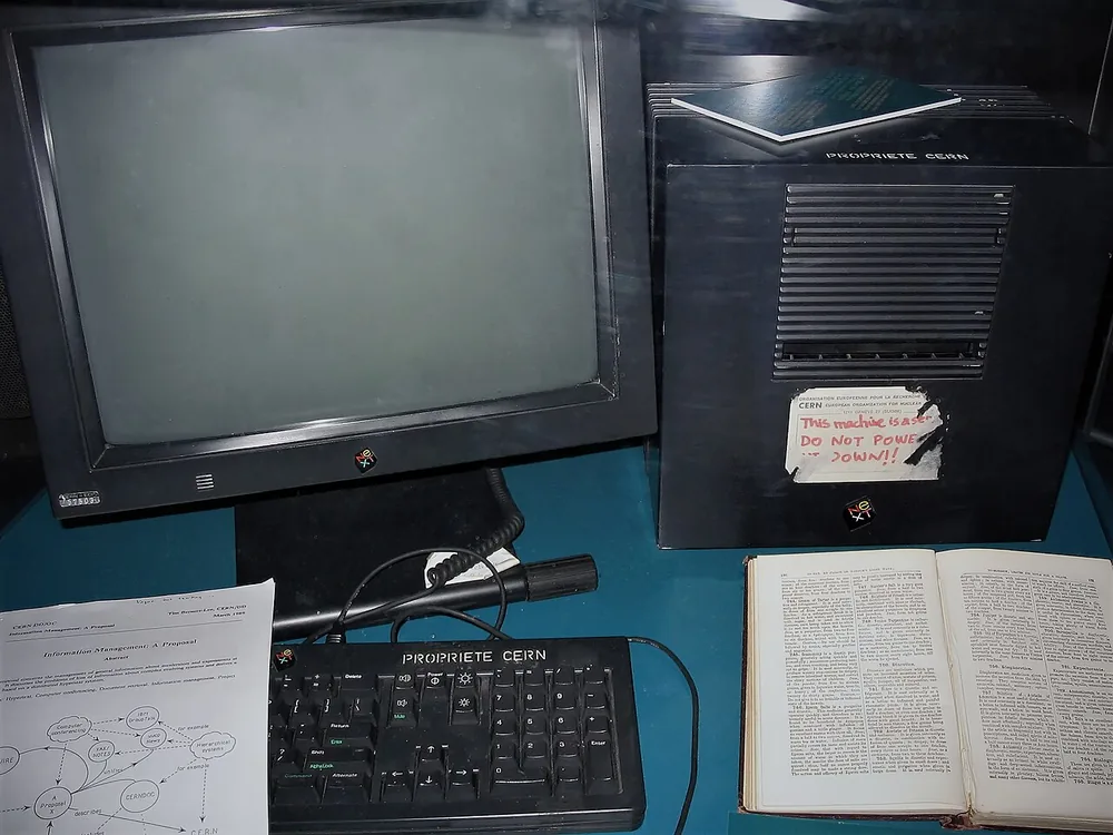 The NeXT computer used by Tim Berners-Lee as the first web server, on display at CERN