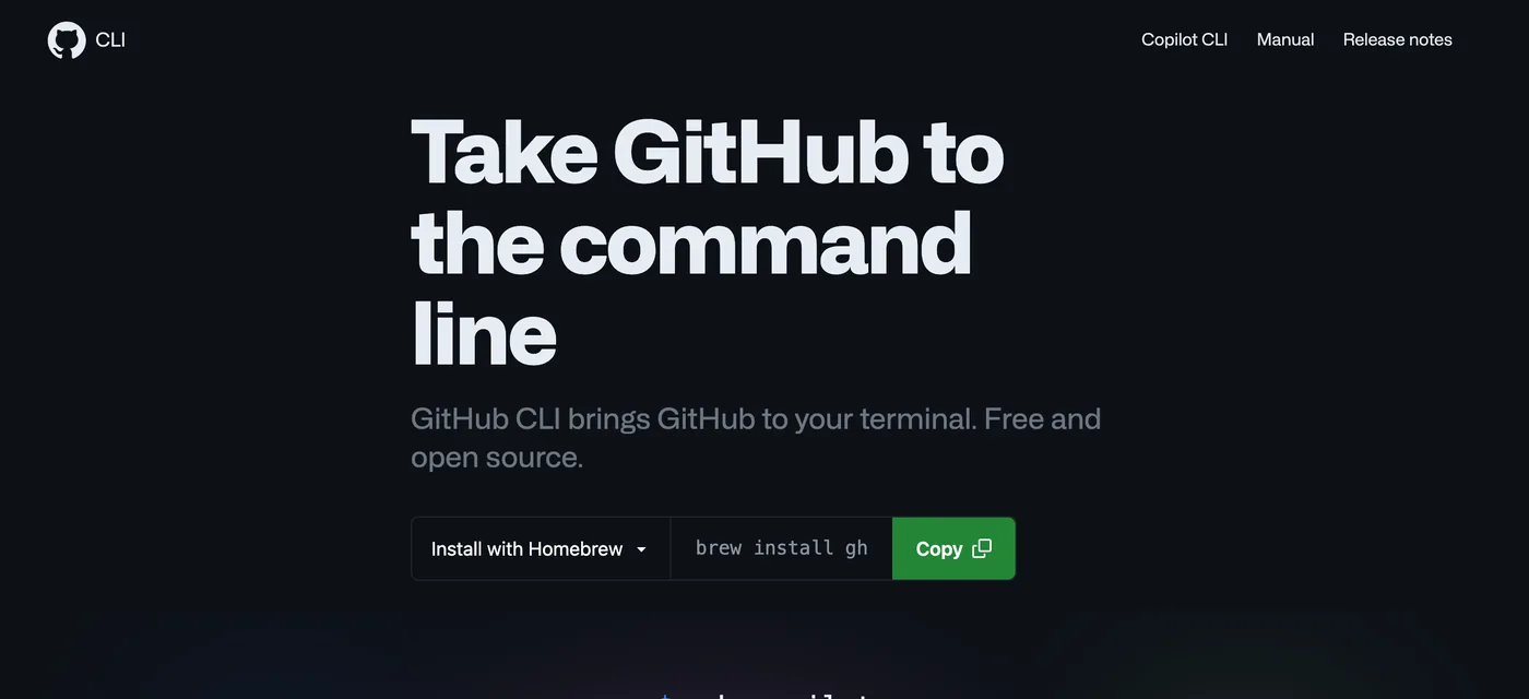 Screenshot of the GitHub CLI home page with the headline Take GitHub to the command line