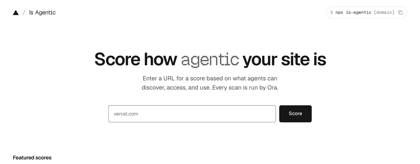 Screenshot of is-agentic.com with the headline Score how agentic your site is and a URL box