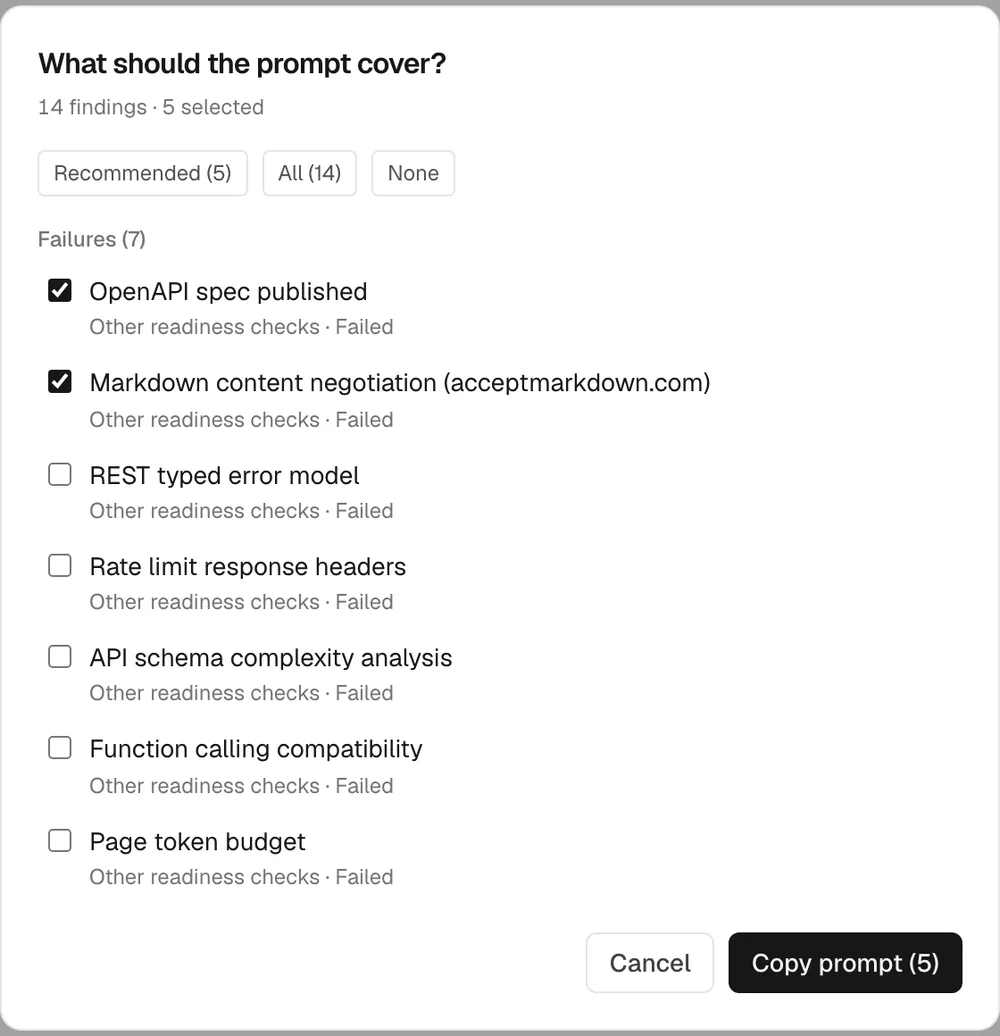 is-agentic.com dialog asking What should the prompt cover with a list of failed checks to select