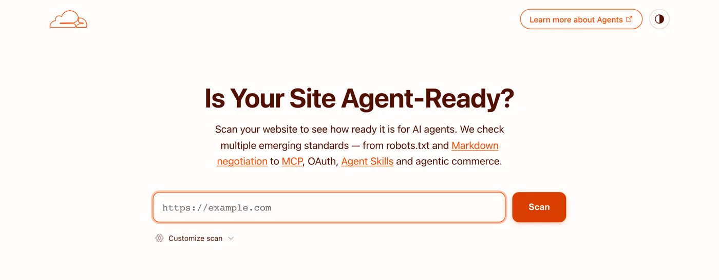 Screenshot of isitagentready.com asking Is Your Site Agent-Ready with a URL box and a Scan button