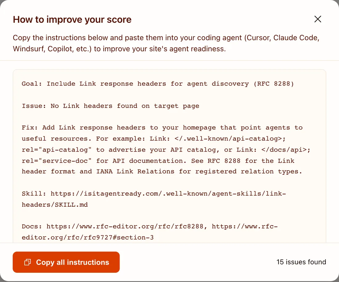 isitagentready.com dialog How to improve your score with instructions to paste into a coding agent
