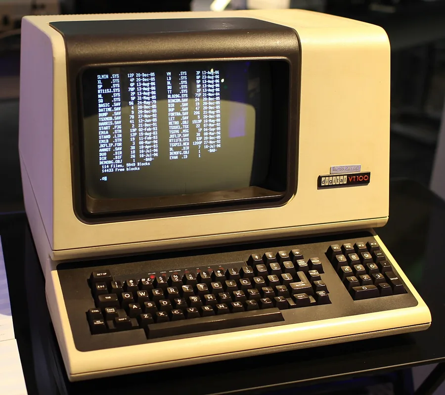 A DEC VT100 computer terminal from the late 1970s showing a text-only screen